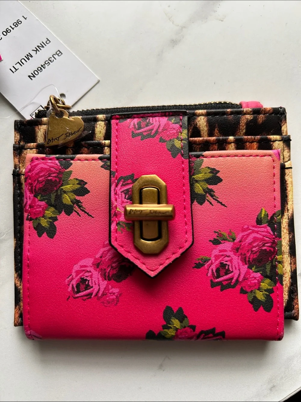Betsey Johnson Hot Pink Floral & Leopard Trim Card Wallet with Turn-Lock